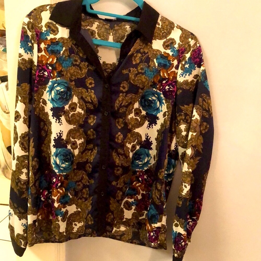 Forever 21, long sleeve poly blouse, green/gold/black/pink excellent job, M